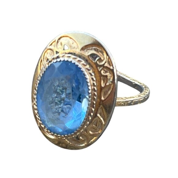 Vintage Gold Plated Ring Intricate Design Faceted Glass Blue Stone Size 7 3/4 - Picture 6 of 6